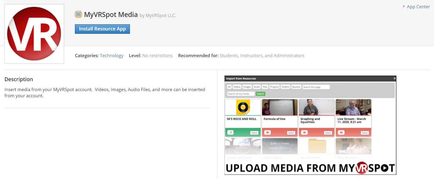 MyVRSpot Media App Page