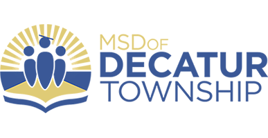 Logo of MSD of Decatur Township featuring a stylized image of three figures above a book, with rays of sunlight in the background and the text 'MSD of DECATUR TOWNSHIP' in blue.