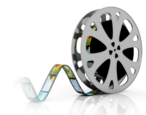 A silver film reel with a portion of film unrolling beside it, displaying colorful frames. The background is white, emphasizing the film reel's features.