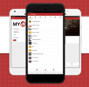 A smartphone displaying a media application named 'My VR.' The screen shows a list of media files such as 'Projects and Pages,' 'Research Training,' and 'My Portfolio.' Two additional smartphones are in the background, emphasizing a digital interface.