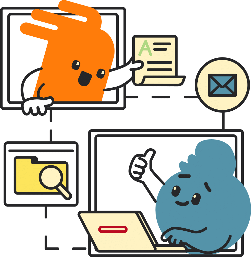 online file sharing and messaging A cartoon illustration featuring an orange character giving a thumbs up with a document, while a blue character sits at a laptop, also giving a thumbs up. Graphical elements include an email icon and a folder.