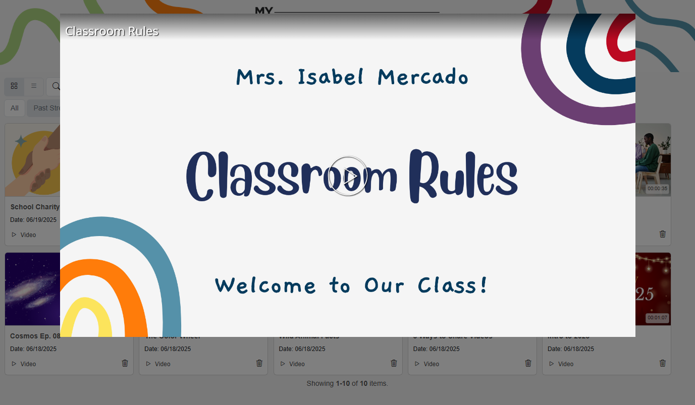 curriculum-and-classroom-highlights Screenshot of a Classroom Rules video displayed within a MyVideoSpot Showcase