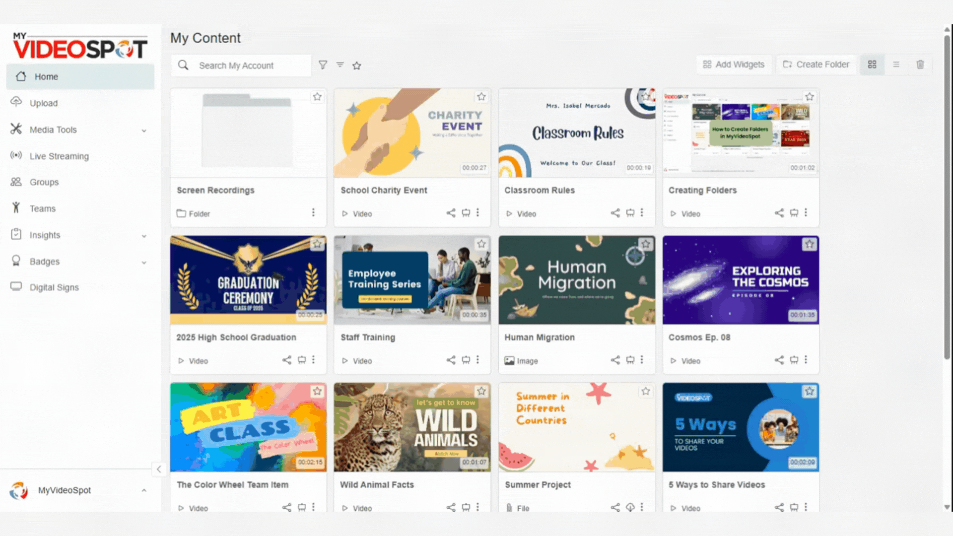 create-right-from-your-browser GIF showing a user selecting the screen recorder from MyVideoSpot's recording tools and editing their screen recording using the video editor