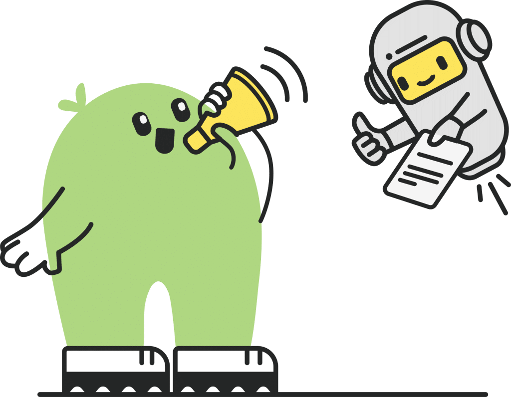 olly-and-astro-digital-signs A cartoonish green character with a megaphone stands on the left, animatedly speaking. On the right, a gray robot with headphones gives a thumbs-up while holding a document. Both characters have friendly expressions.