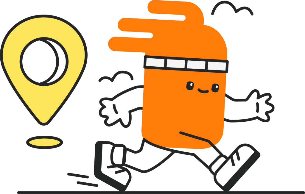 A cartoon character depicted as an orange, rounded figure with arms and legs, running towards a yellow location pin icon. The character has a cheerful expression and simplicity in design, emphasizing movement.