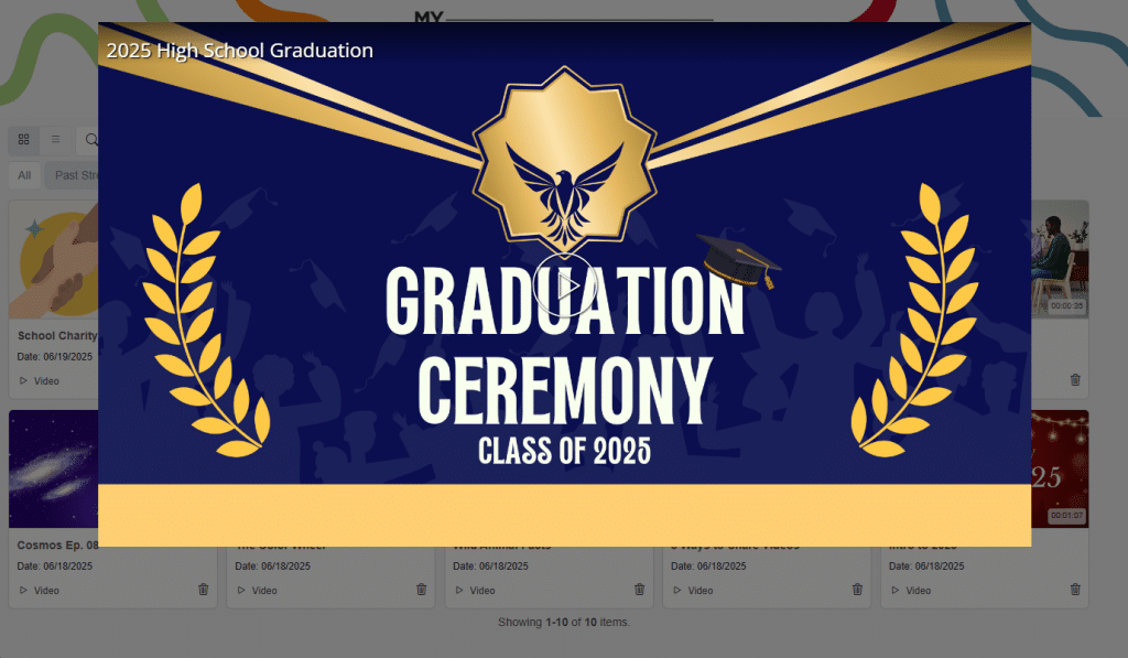 events-on-demand A graphic announcing the 2025 High School Graduation with the text "Graduation Ceremony Class of 2025" on a blue background, featuring a gold emblem and laurel leaves.