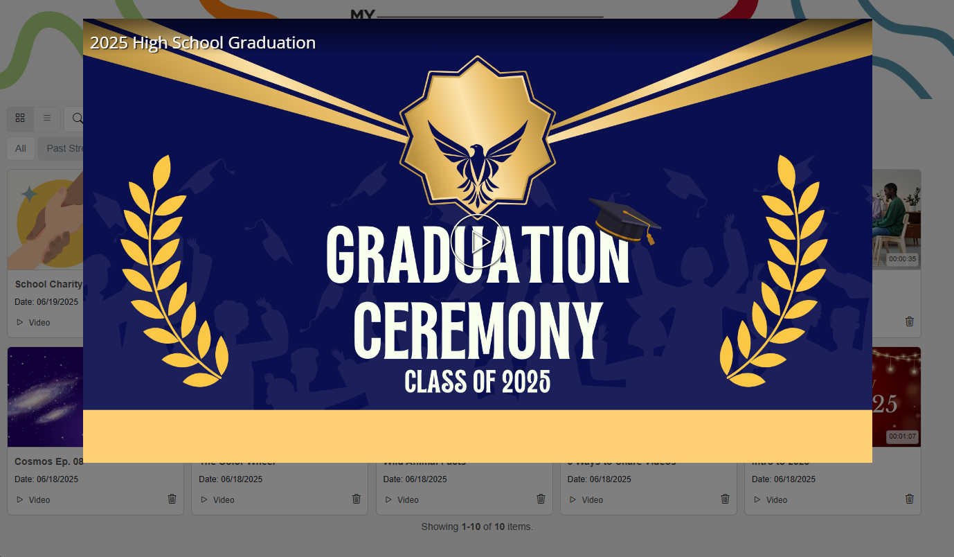 events-on-demand Screenshot of a Graduation Ceremony video displayed within a MyVideoSpot Showcase