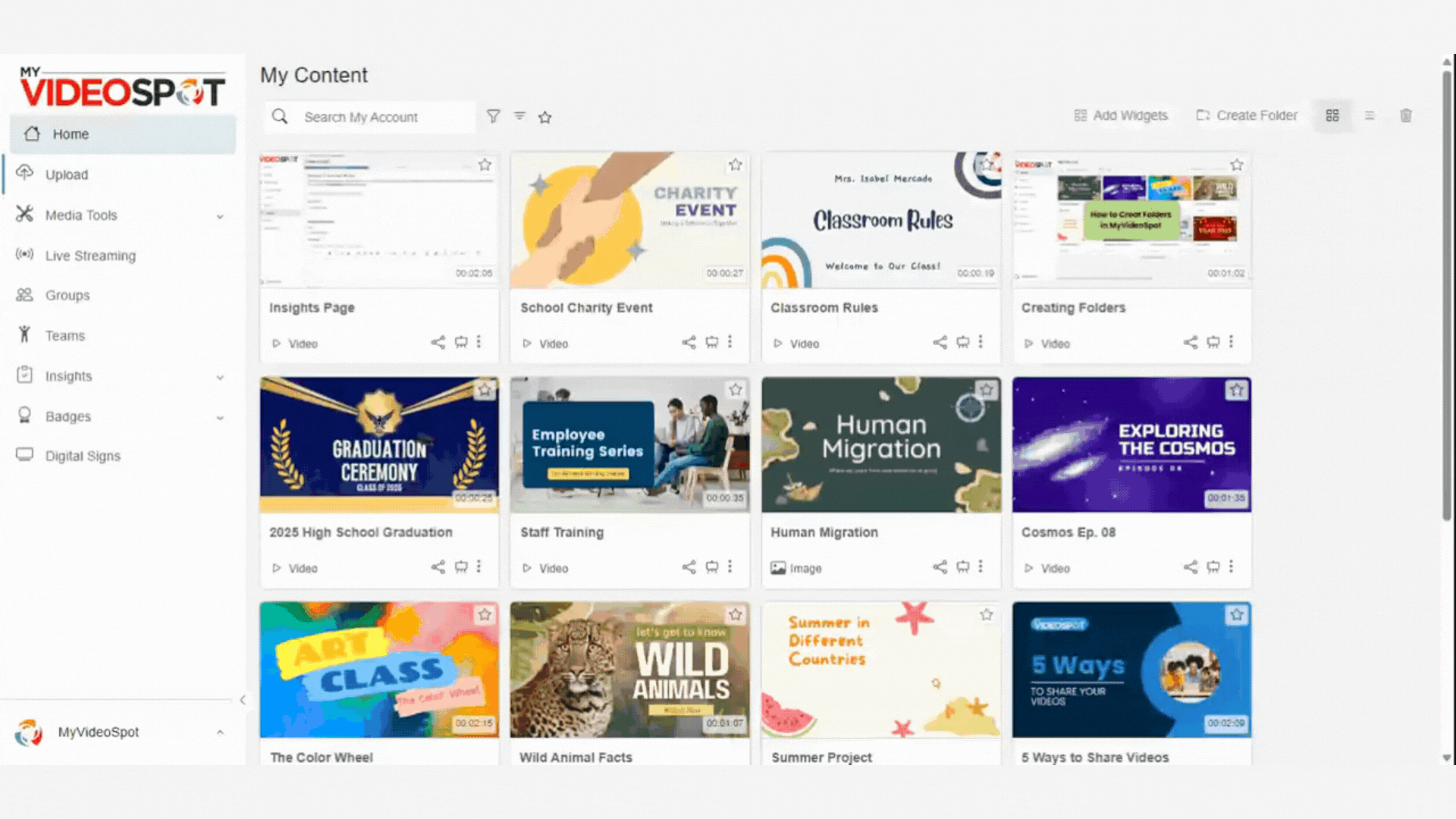 groups-structured-sharing GIF showing a teacher creating a group, assigning members, and adding content to the group in MyVideoSpot