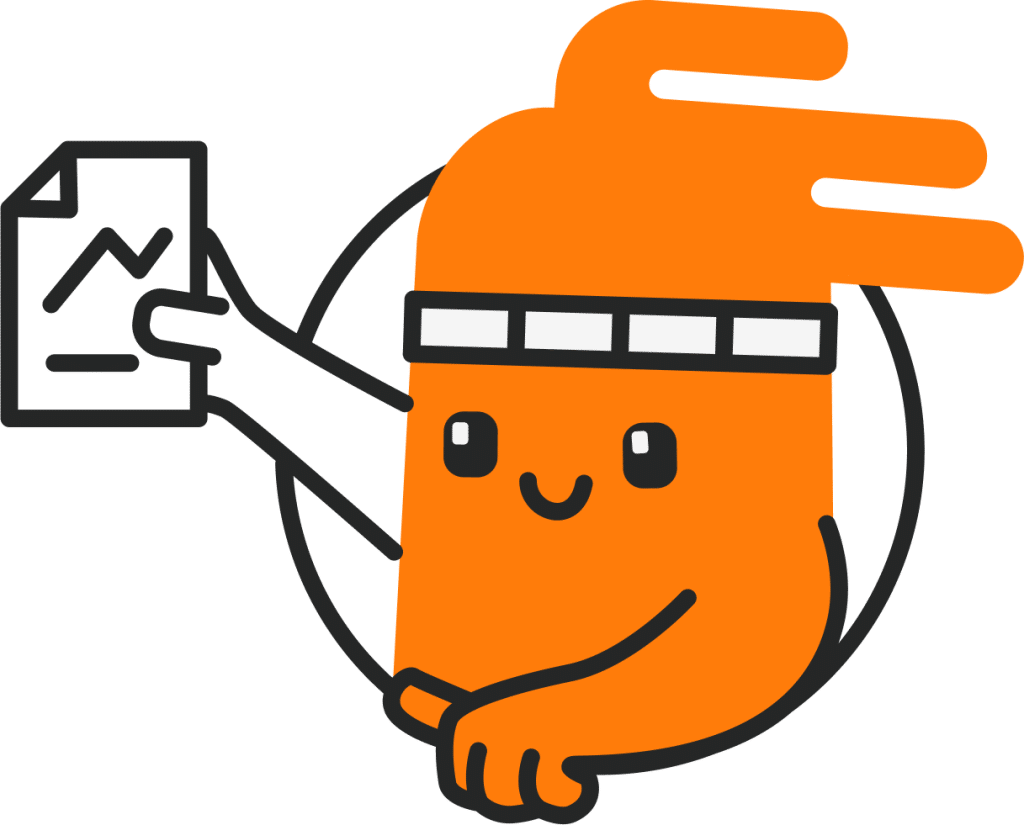 Insights Down Page An animated orange character with a headband is holding a piece of paper marked with a line graph. The character has a friendly expression and is outlined in black.