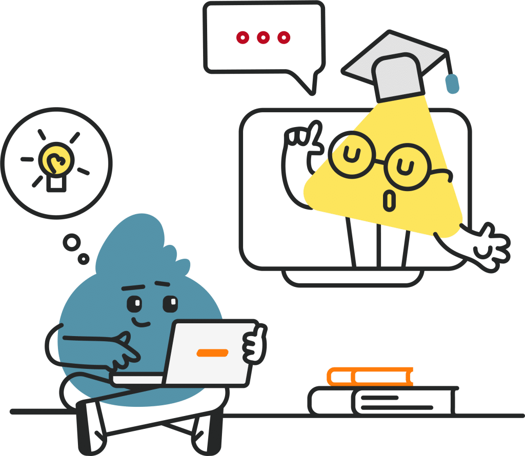 lumi-and-theo-insights A cartoon illustration featuring a blue droplet character using a laptop. On the screen, a yellow triangular character wearing glasses and a graduation cap appears to be explaining something. A light bulb icon and books are visible in the background.