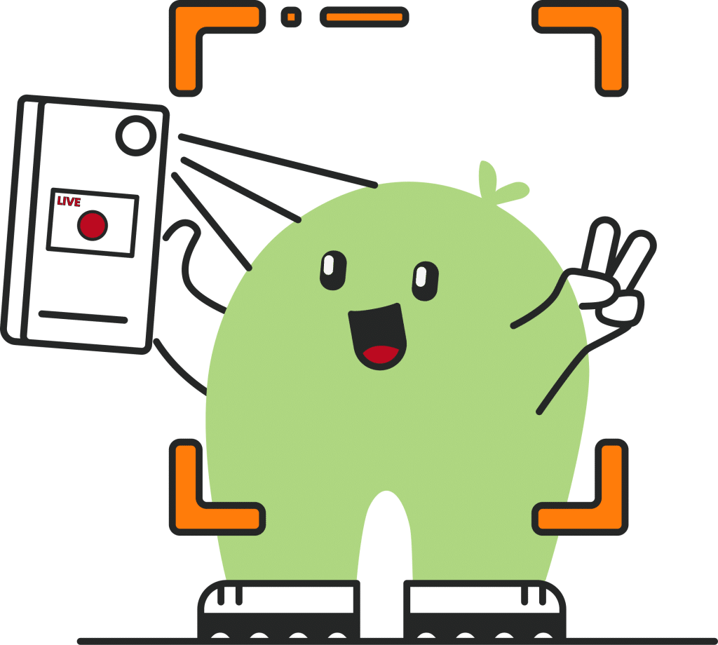 olly-live-streaming A cartoon character in the shape of a green bean, holding a camera and making a peace sign. The character is outlined within an orange frame, with a small red recording light on the camera.