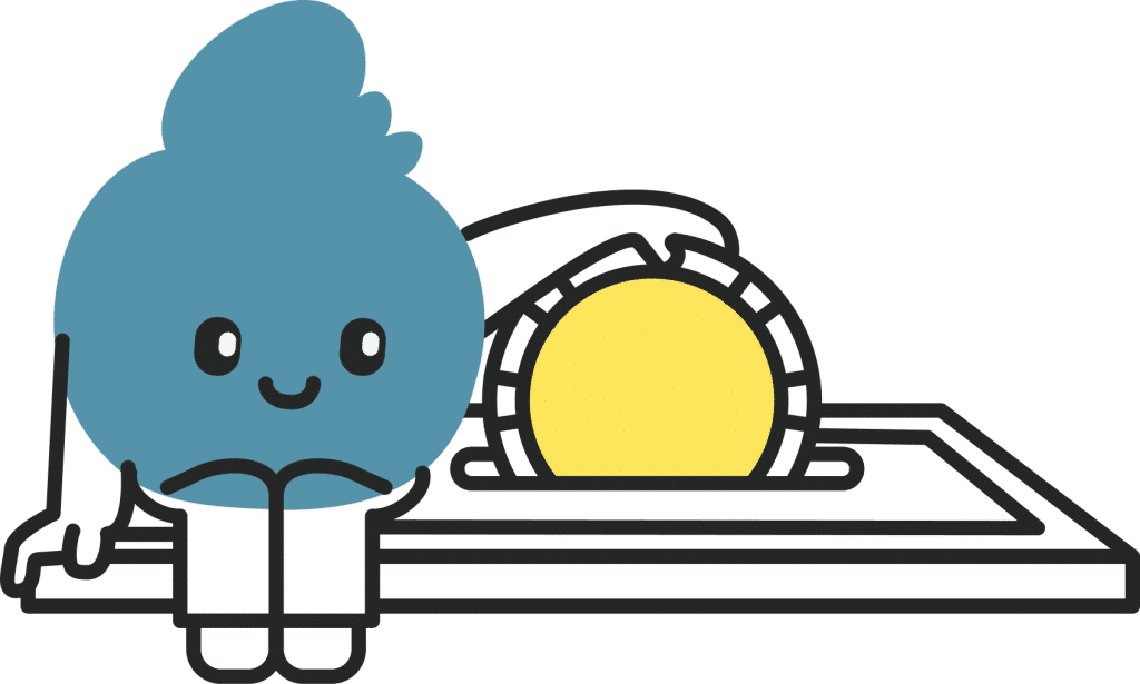 A cartoon character with a blue round body and a smile, sitting next to a yellow sun on a simple rectangular surface, appearing cheerful and relaxed.