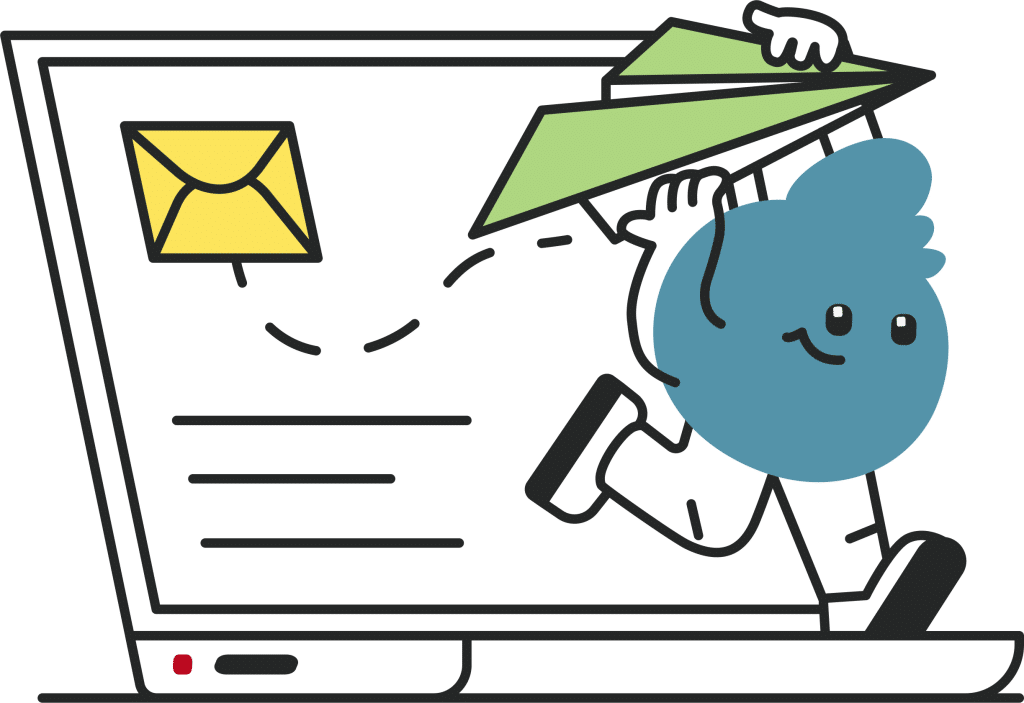 lumi-sharing-tools A cartoon character resembling a cloud, holding a paper airplane, appears to be emerging from a computer screen. A yellow envelope icon is visible next to the character, suggesting communication.