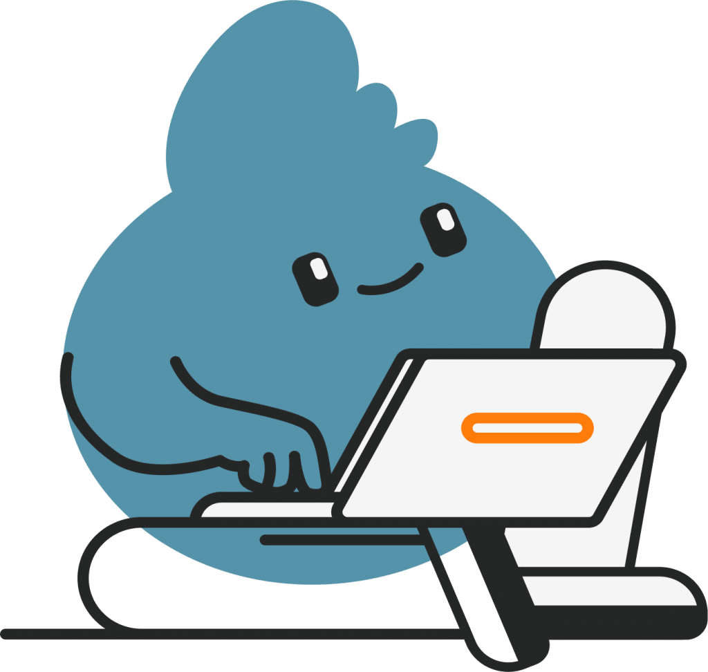 lumi-showcases A cartoon character with a blue, rounded body and a cheerful expression, typing on a laptop. The laptop displays an orange line on its screen, while the character's arms rest on the laptop keyboard.
