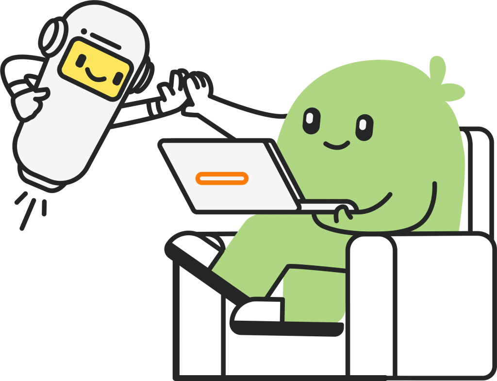 astro-and-olly-showcases A cartoon character with a green rounded body and smiling face sits in a chair, using a laptop. A small robot with a friendly expression extends a hand towards the character, creating a playful interaction.