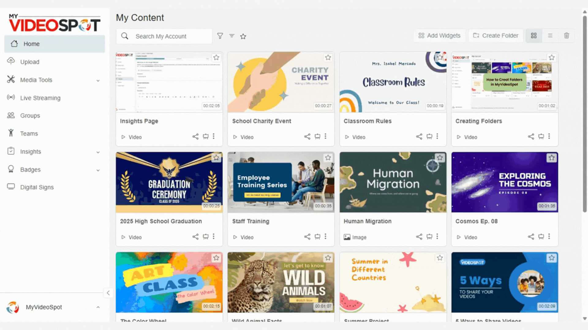 teams-full-collaboration GIF showing an administrator creating a Team, assigning members, and adding content to the Team in MyVideoSpot
