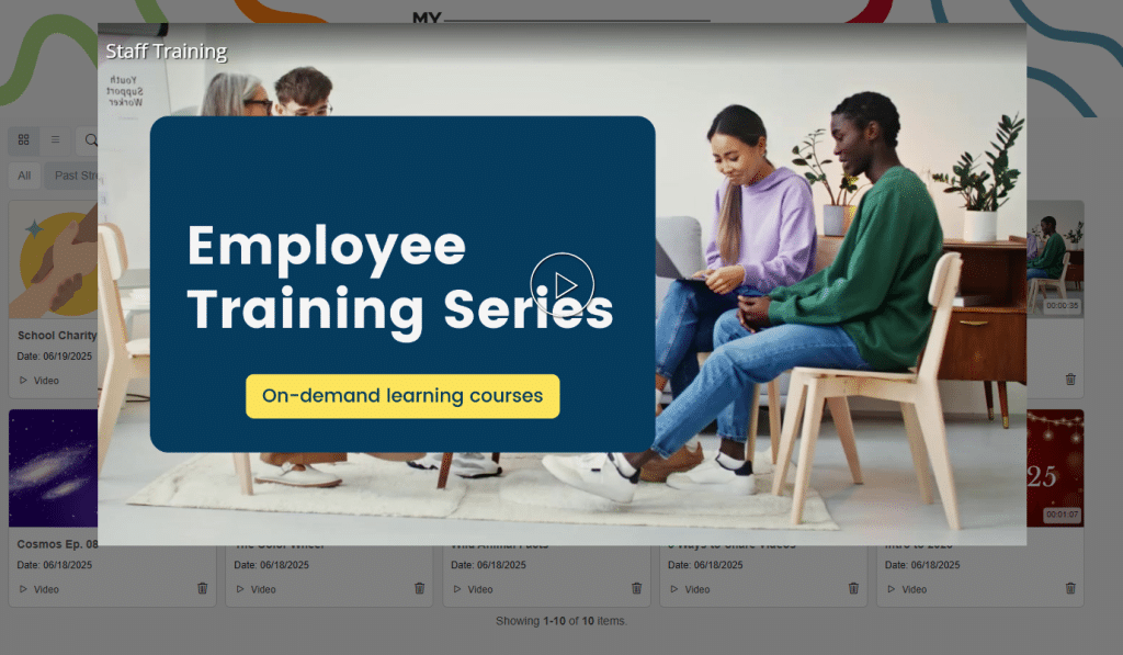 internal-training-and-onboarding A diverse group of employees participating in a collaborative learning session, with a prominent overlay text reading 'Employee Training Series' and a button stating 'On-demand learning courses' on a digital background.