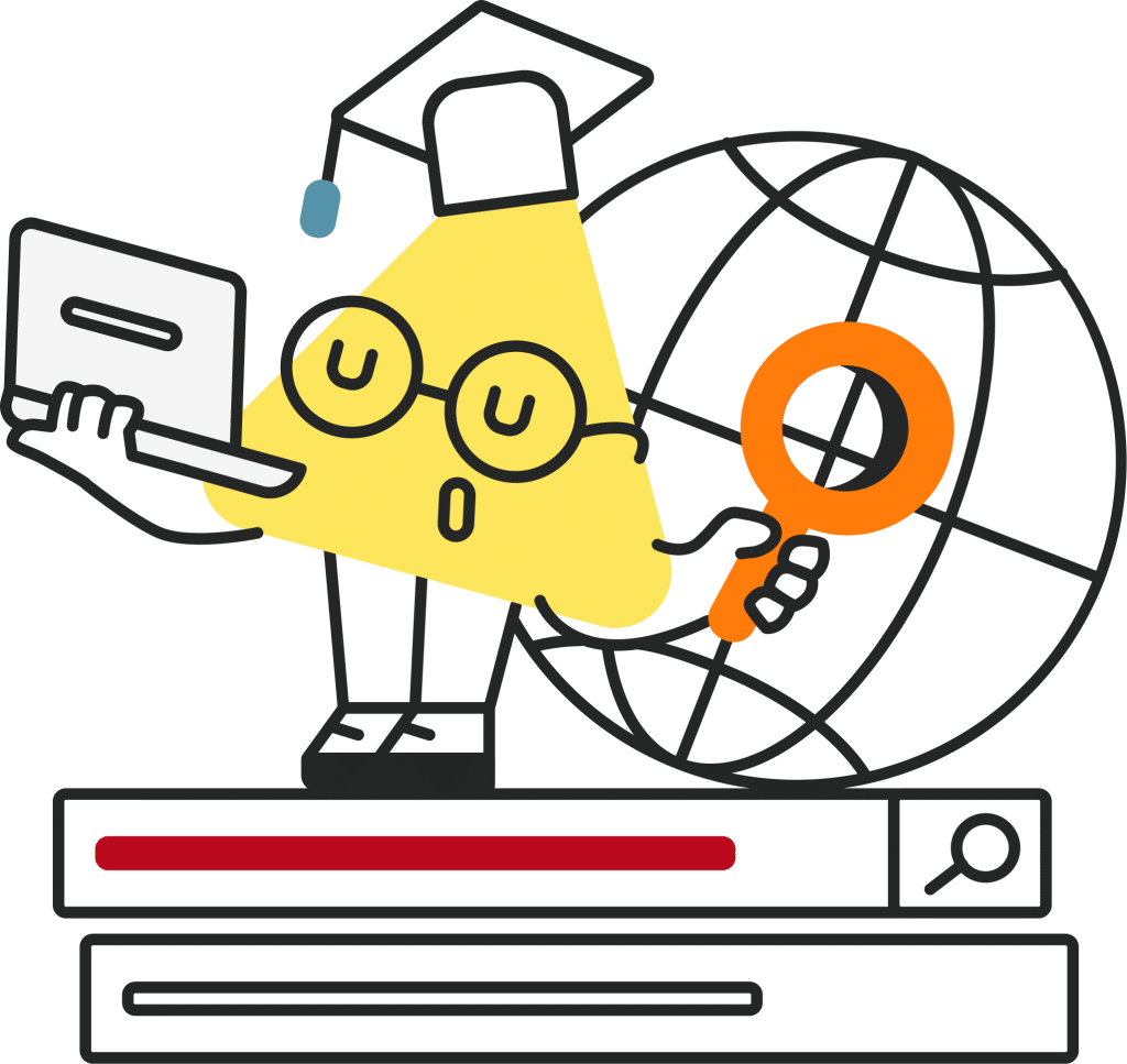 theo-your-spot-for A cartoon character shaped like a yellow triangle wearing glasses and a graduation cap, holding a laptop in one hand and a magnifying glass in the other, standing on a stack of books beside a globe.