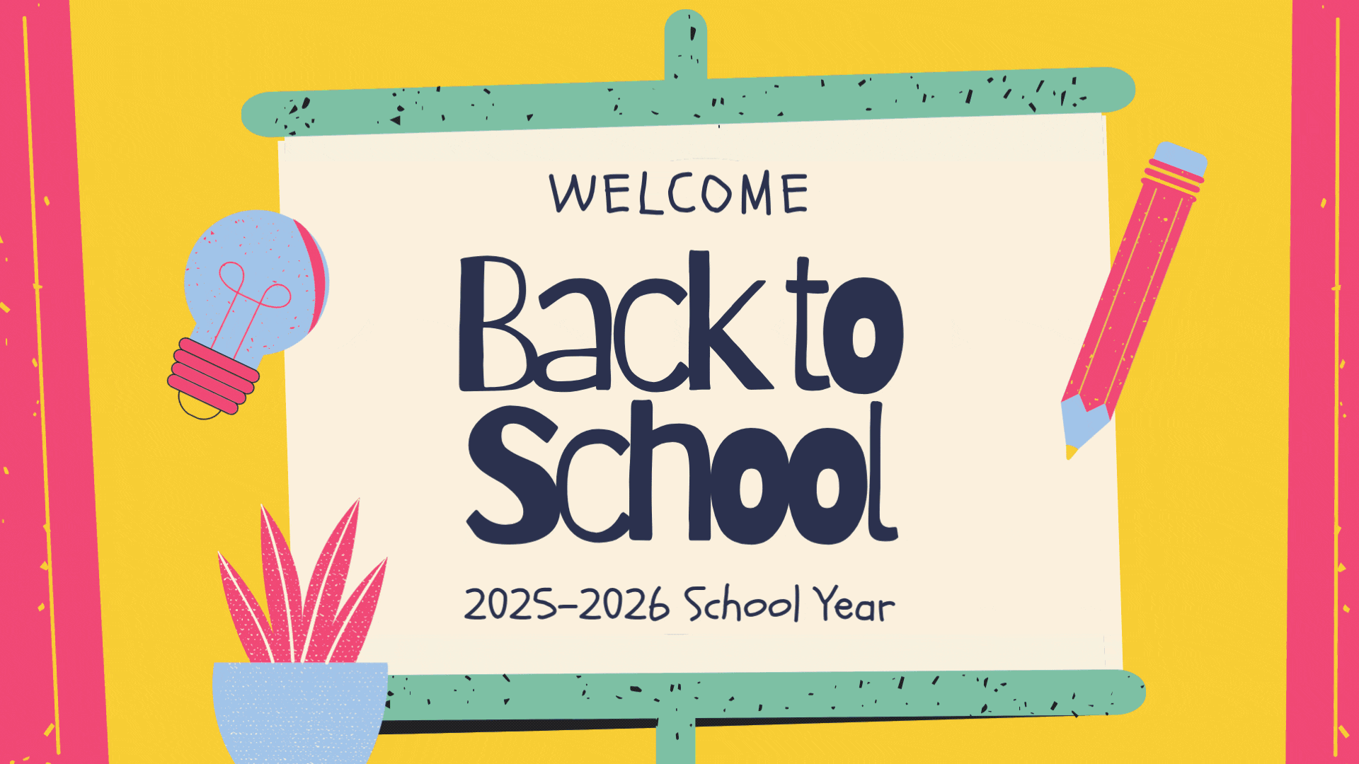 designed-for-more GIF cycling through digital sign announcement examples: Welcome Back to School, School Map, Faculty Meeting, Welcome to the Library, Exploring Local Hidden Gems, Local Farmer's Market, Building a Bright Future for the District, Christmas Concert Reminder, Ad for School Sports Channel, and End of Year Celebration Reminder in English and Spanish.